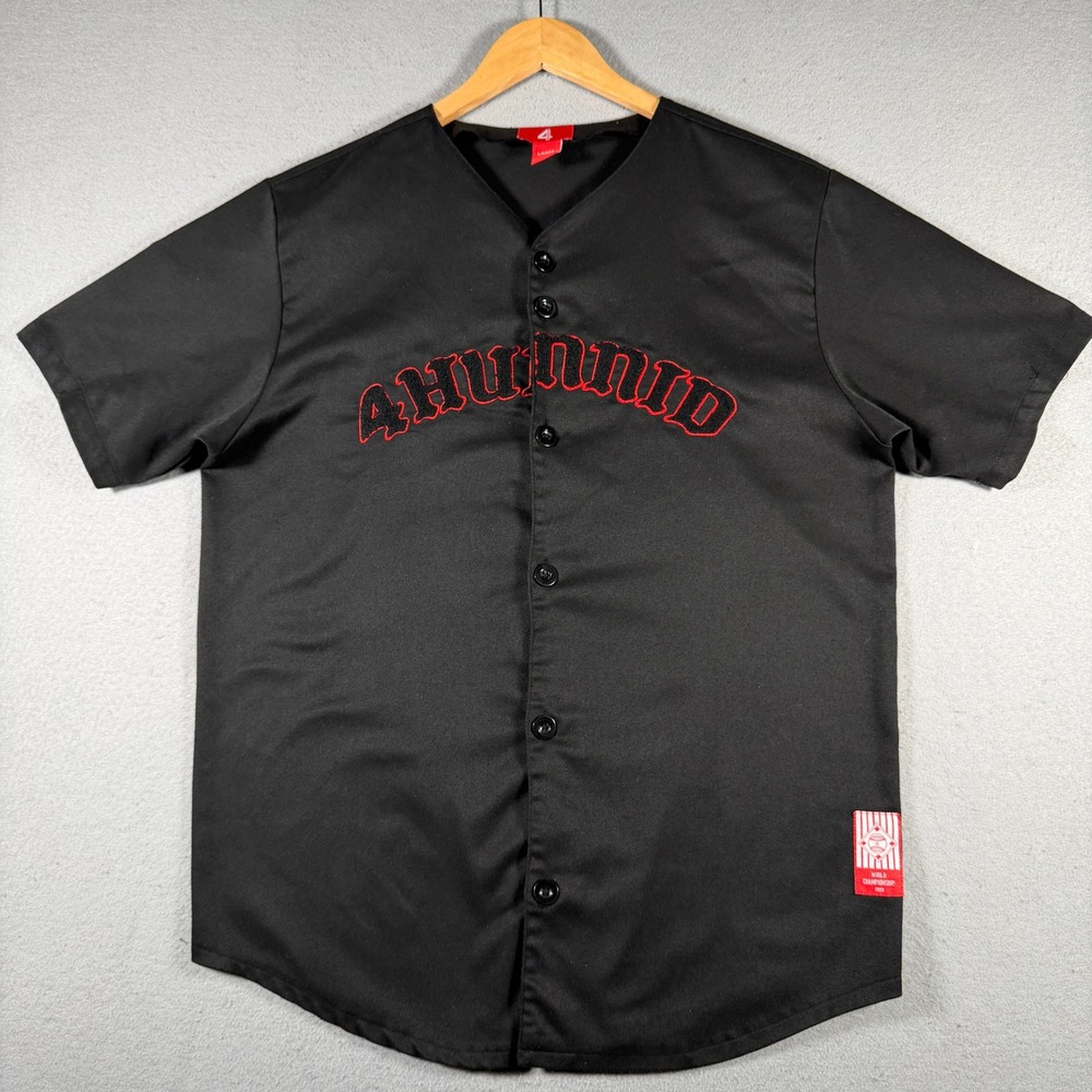 4Hunnid Mens Baseball‎ Jersey Black Red Embroidered Logo Large 11860 Streetwear